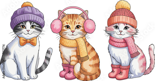 Watercolor illustration of three cute winter cats wearing hats, scarves, and boots in cozy seasonal outfits with adorable expressions