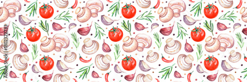 Seamless watercolor pattern with champignon mushrooms, tomatoes, garlic, chili peppers, rosemary and spices. Hand-painted food illustration for kitchen textiles, packaging, wrapping paper