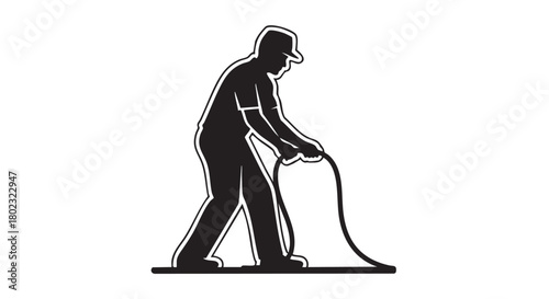 Illustration of a Man Using a Rope for Labor or Work, Silhouette in Black and White