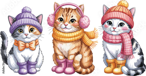 Watercolor illustration of three cute winter cats wearing hats, scarves, and boots in cozy seasonal outfits with adorable expressions