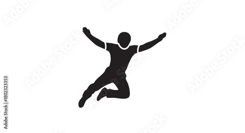 Silhouette of a dynamic figure in mid-air, arms outstretched in a celebratory or adventurous pose, symbolizing freedom and movement
