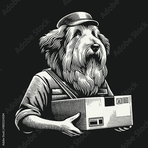 Anthropomorphic Dog Delivery Worker in Uniform with Box.