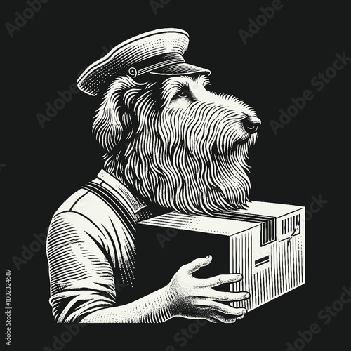 Anthropomorphic Dog Courier in Uniform Holding a Package.