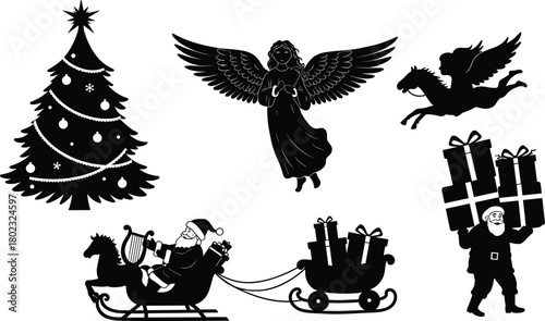 Black silhouette Christmas elements including Santa Claus sleigh angel Pegasus and decorated tree