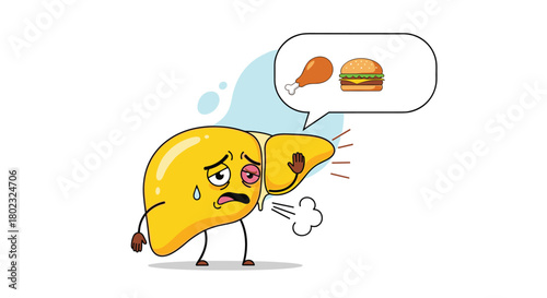 An anthropomorphic liver character expresses distress while reacting to images of fried chicken and a hamburger, illustrating unhealthy eating habits and liver stress.