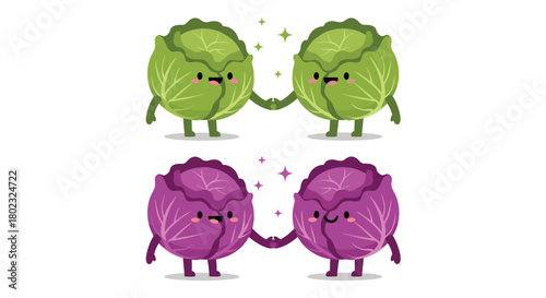 Adorable cartoon cabbages holding hands, featuring both green and purple varieties, showcasing a cute and playful vegetable illustration for healthy eating concepts.