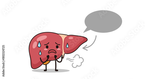 Sad and distressed cartoon liver character with tears, expressing unhappiness and health concerns, with a speech bubble for text or dialogue.