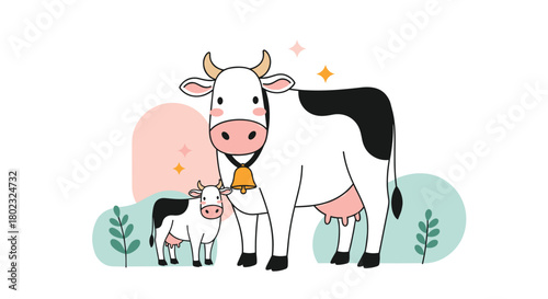 A charming illustration depicts a mother cow and her calf standing together in a pastoral setting, evoking feelings of warmth and rural life.