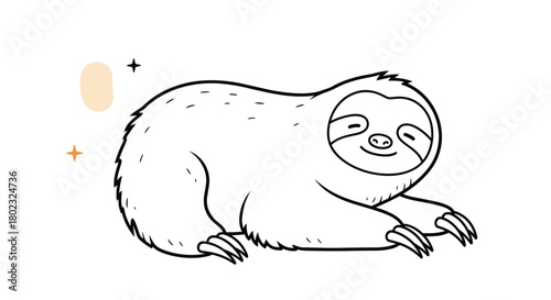 A charming illustration of a relaxed sloth, depicted in a simple black and white line drawing style, conveying a sense of peacefulness and tranquility.