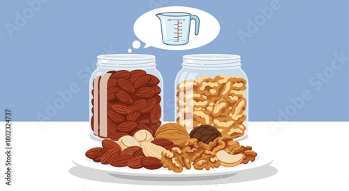A colorful illustration depicts jars filled with almonds and walnuts alongside a plate of loose nuts and a thought bubble showing a measuring cup, suggesting baking or healthy snacking.