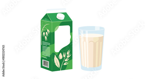 A carton of creamy oat milk stands beside a glass filled with the plant-based beverage, showcasing a healthy and sustainable dairy alternative option.