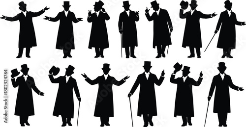 Black silhouette figures of men in top hats and long coats with canes and gestures