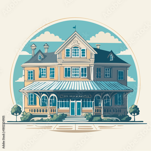 Charming vintagestyle twostory building with a wide striped awning detailed windows and decorative gables.