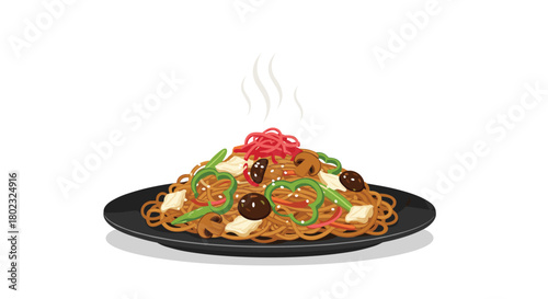 A steaming plate of dark-sauce lo mein noodles with colorful vegetables and a garnish of red strips, presented on a black dish.