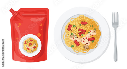 Spaghetti with sauce in a pouch and on a plate with a fork, a convenient meal option for quick and easy dining or food delivery services.