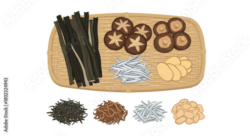 An overhead view of traditional japanese dashi ingredients arranged on a woven tray, including kombu, shiitake mushrooms, iriko, and ginger.
