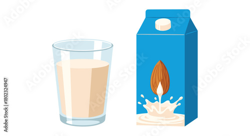 A refreshing glass of creamy almond milk is shown next to its blue carton packaging, illustrating a plant-based dairy alternative option for consumers.