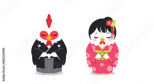 Charming illustration of a rooster and hen dressed in traditional Japanese wedding attire, symbolizing love and commitment in a whimsical style.