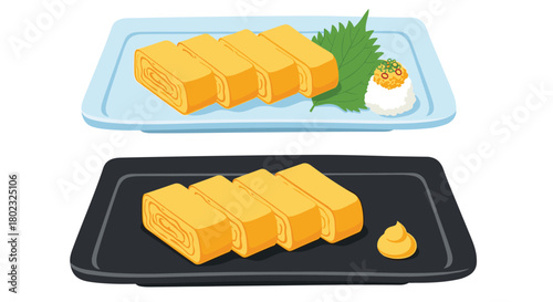 Two servings of beautifully sliced Japanese tamagoyaki egg rolls presented on different plates with accompanying condiments, a delightful culinary experience.