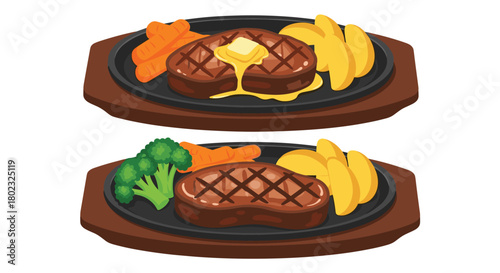 Delicious sizzling steak dinners served on hot platters with sides of vegetables and potatoes, a hearty and appetizing meal presentation.