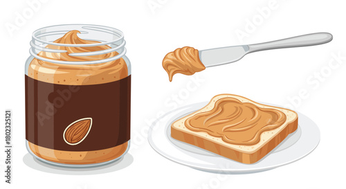 A jar of almond butter with a knife spreading it onto a slice of bread on a white plate, illustrating a healthy snack or breakfast option.