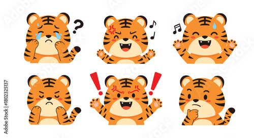 Charming collection of cute tiger character expressions including happy, sad, surprised, and thoughtful emotions for playful designs and illustrations.