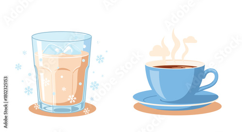 A contrasting pair of beverages: a chilled iced drink with snowflakes and a steaming hot cup of coffee on saucers, representing temperature differences.