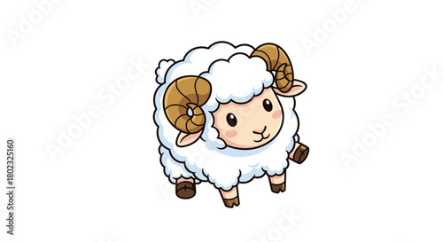Adorable cartoon sheep with fluffy white wool and curved golden horns stands cheerfully, a delightful illustration for children's books or farm-themed designs.