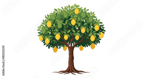 A vibrant illustration of a lemon tree laden with ripe yellow lemons and lush green foliage, showcasing a healthy citrus fruit tree in full bloom.