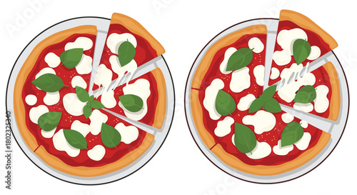 Two overhead views of margherita pizzas with fresh basil and mozzarella, partially sliced with pizza cutters, showcasing a classic italian dish.