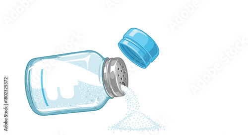 An overturned glass salt shaker spills its contents, creating a small pile of white crystals against a plain white background, illustrating loss or waste.