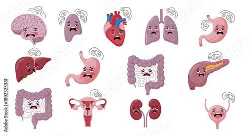Cartoon illustration of sad and stressed human organs with swirling lines indicating illness or discomfort, representing health problems and body distress.