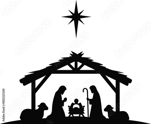 Black silhouette of a nativity scene with Mary Joseph and baby Jesus in a manger with sheep and a star