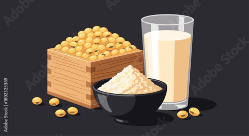 A still life composition featuring soybeans, soy milk, and soy flour, showcasing the versatility of this plant-based protein source and its various forms.