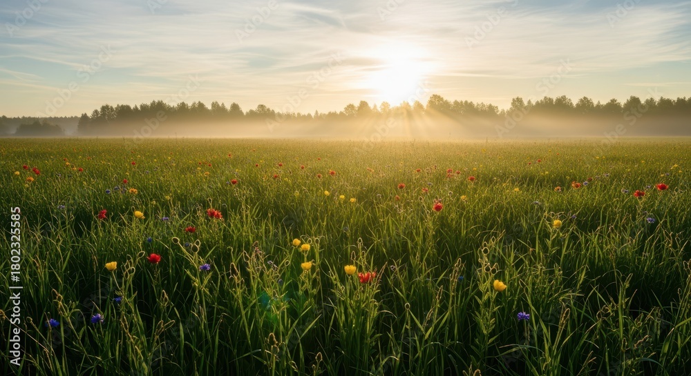 Fototapeta premium Breathtaking sunrise over vibrant flower field rural landscape nature photography peaceful environment wide angle view