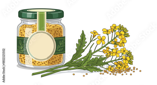 A vibrant illustration depicts a jar of mustard seeds alongside a flowering mustard plant and scattered seeds, showcasing the ingredient's natural origins.