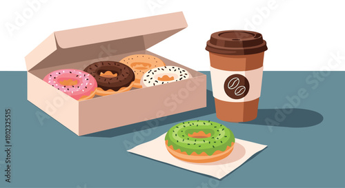 A delightful assortment of colorful donuts and a hot coffee beverage presented in a charming still life arrangement, perfect for breakfast or a sweet treat.