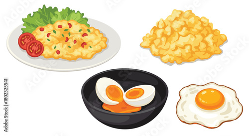 A colorful assortment of breakfast egg dishes including scrambled, fried, and boiled eggs with fresh tomato and lettuce garnishes, presented on plates and in a bowl.