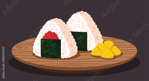 Two triangular onigiri rice balls with seaweed and salmon roe, accompanied by pickled ginger, presented on a wooden serving plate.