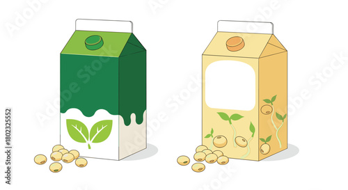 Two cartons of plant-based milk, one green and one yellow, sit beside scattered soybeans, illustrating a dairy-free alternative and healthy eating choices.