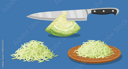 A chef's knife poised above a halved cabbage, with shredded cabbage displayed in piles on a blue background, illustrating food preparation and healthy eating.