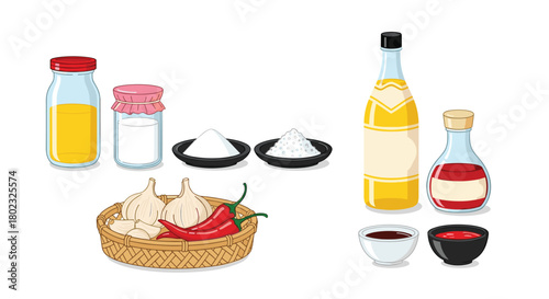 A colorful assortment of common cooking ingredients including oil, spices, garlic, chili peppers, salt, vinegar, and sauces, arranged for culinary use.
