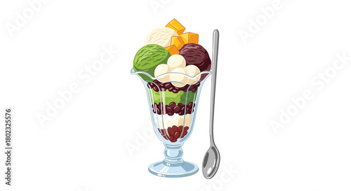 A colorful and layered Japanese kakigori dessert in a glass with various toppings including red beans, mochi, fruit, and ice cream scoops.