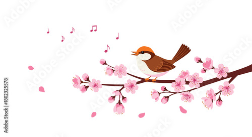 A charming illustration depicts a small brown bird perched on a blossoming branch, singing a cheerful melody amidst falling pink petals, evoking springtime joy.