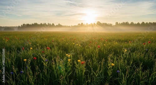 Breathtaking sunrise over vibrant flower field rural landscape nature photography peaceful environment wide angle view