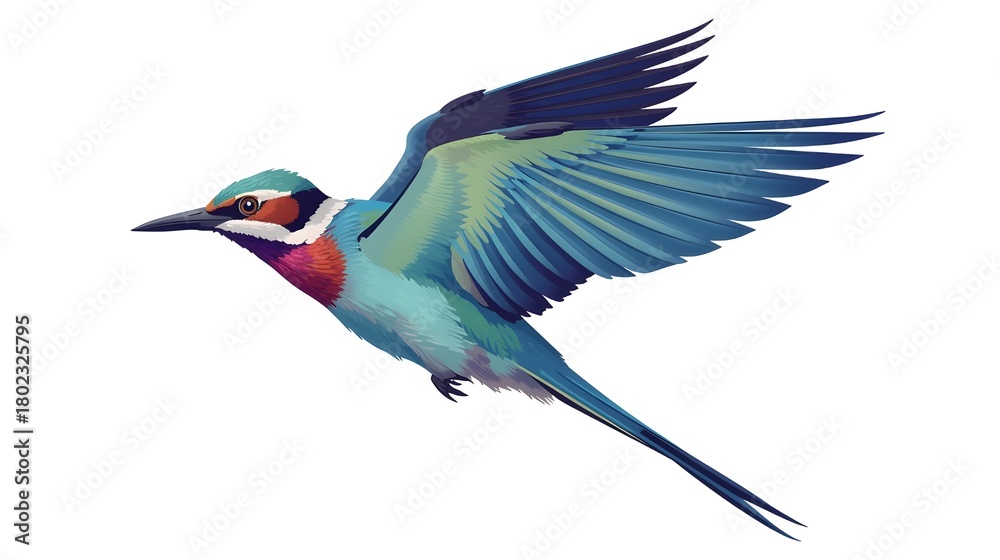 Obraz premium Colorful lilac breasted roller bird in flight against white background