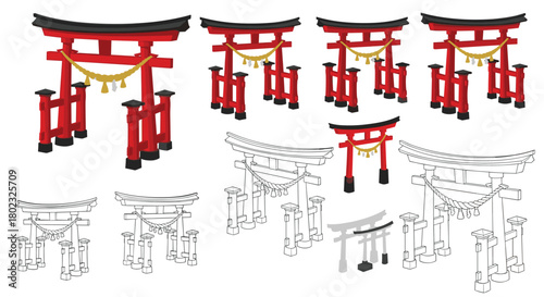 Collection of traditional Japanese torii gates in various styles and perspectives, including color and line art renderings, showcasing cultural architecture.