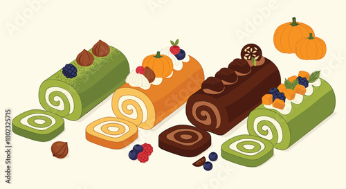 Assortment of colorful swiss roll cakes with various toppings and sliced portions, presented in an isometric view for festive occasions.