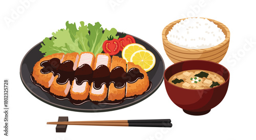 A delicious Japanese katsu curry set meal featuring crispy pork cutlet, fluffy white rice, miso soup, and fresh side vegetables, ready to eat.