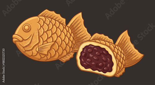 Detailed illustration of traditional Japanese taiyaki fish-shaped cakes, one whole and one cut open to reveal sweet red bean filling, on a dark background.